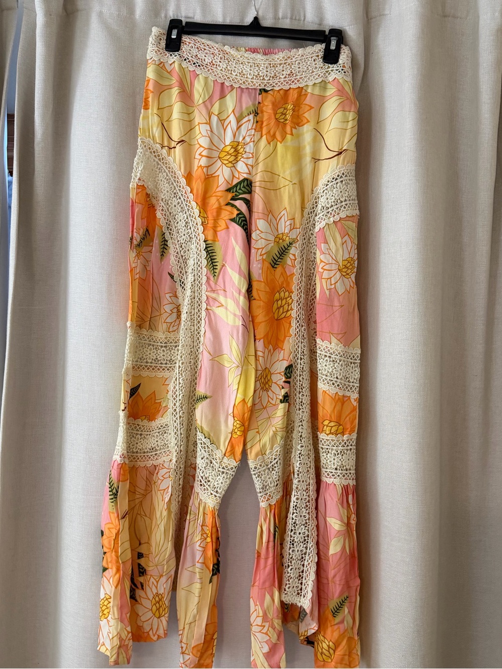Boho Wide Leg Floral Pants with Lace Trim - Yellow & Pink